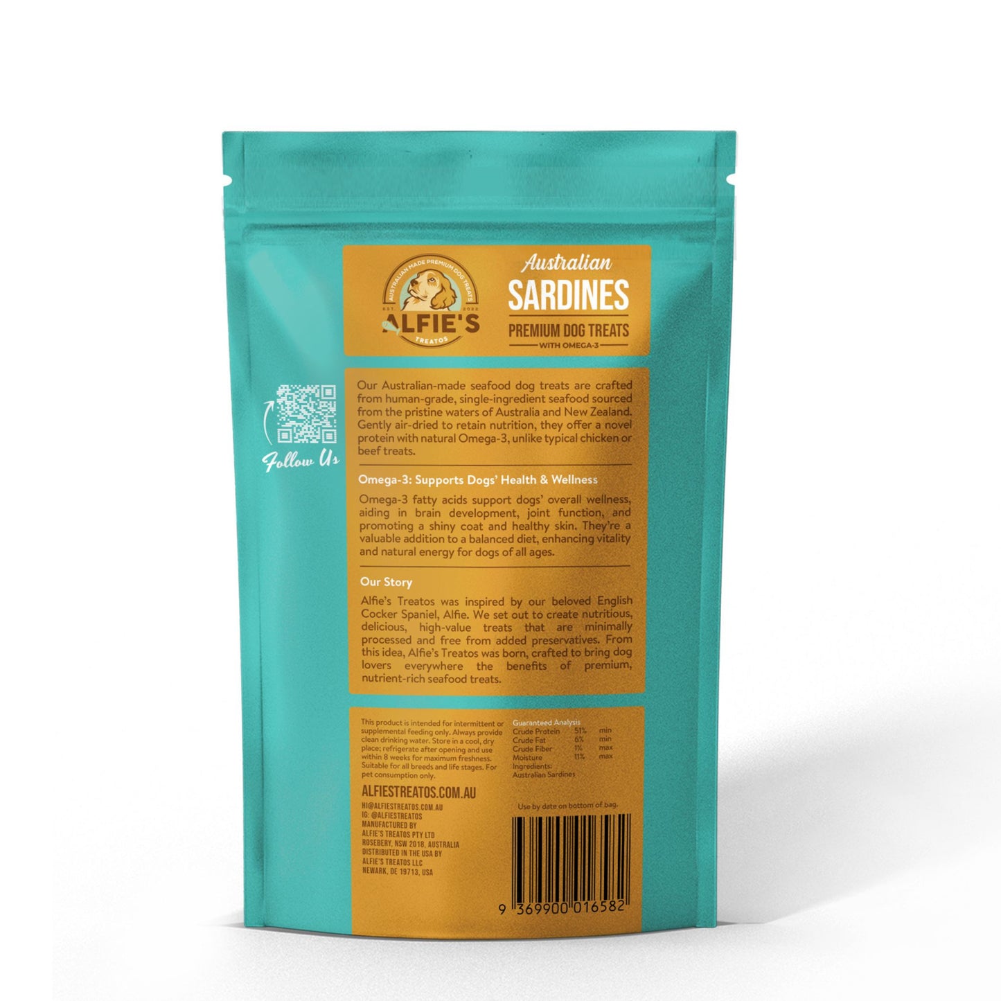 Alfie's Treatos sardines dog treats back of bag