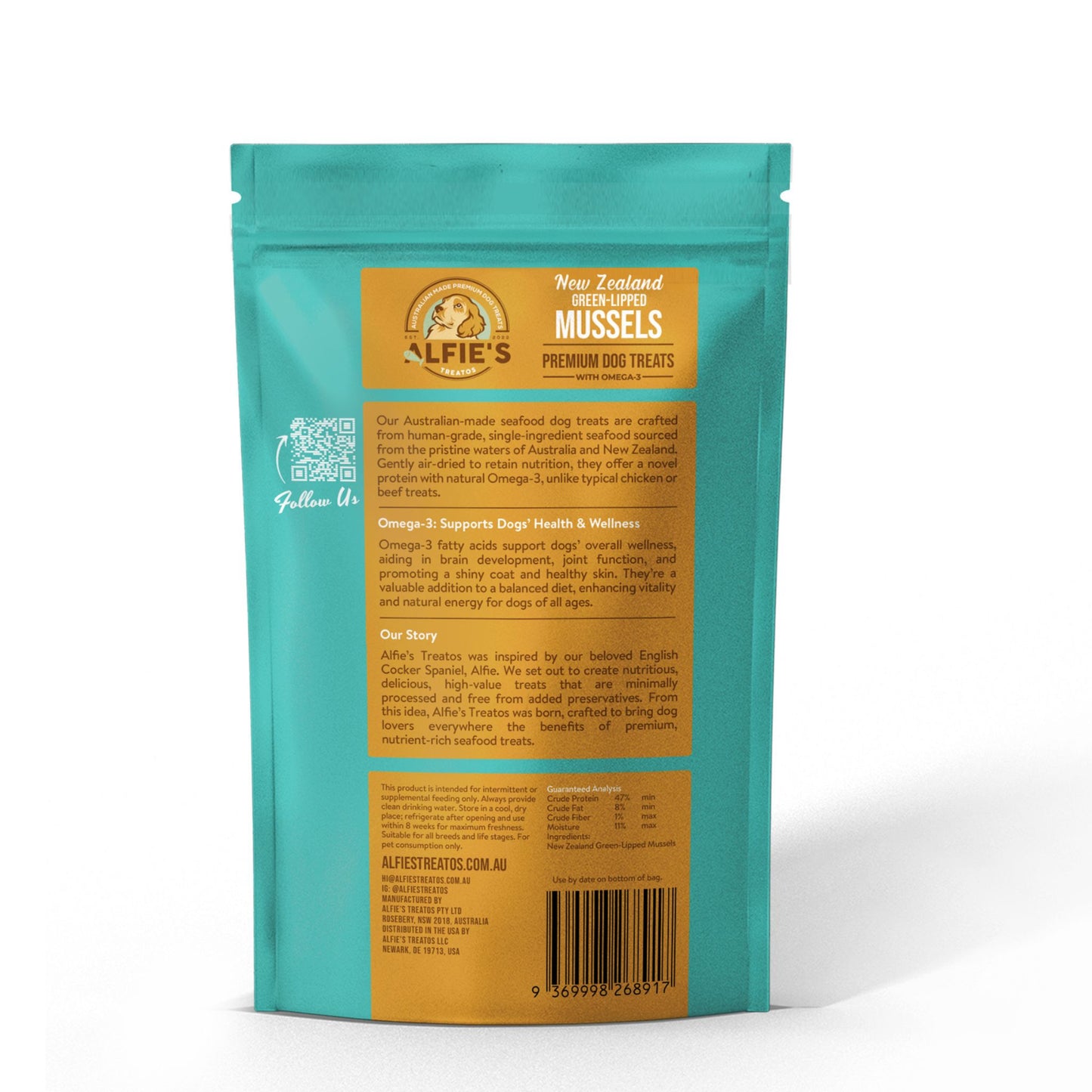 Alfie's Treatos green lipped mussel back of bag