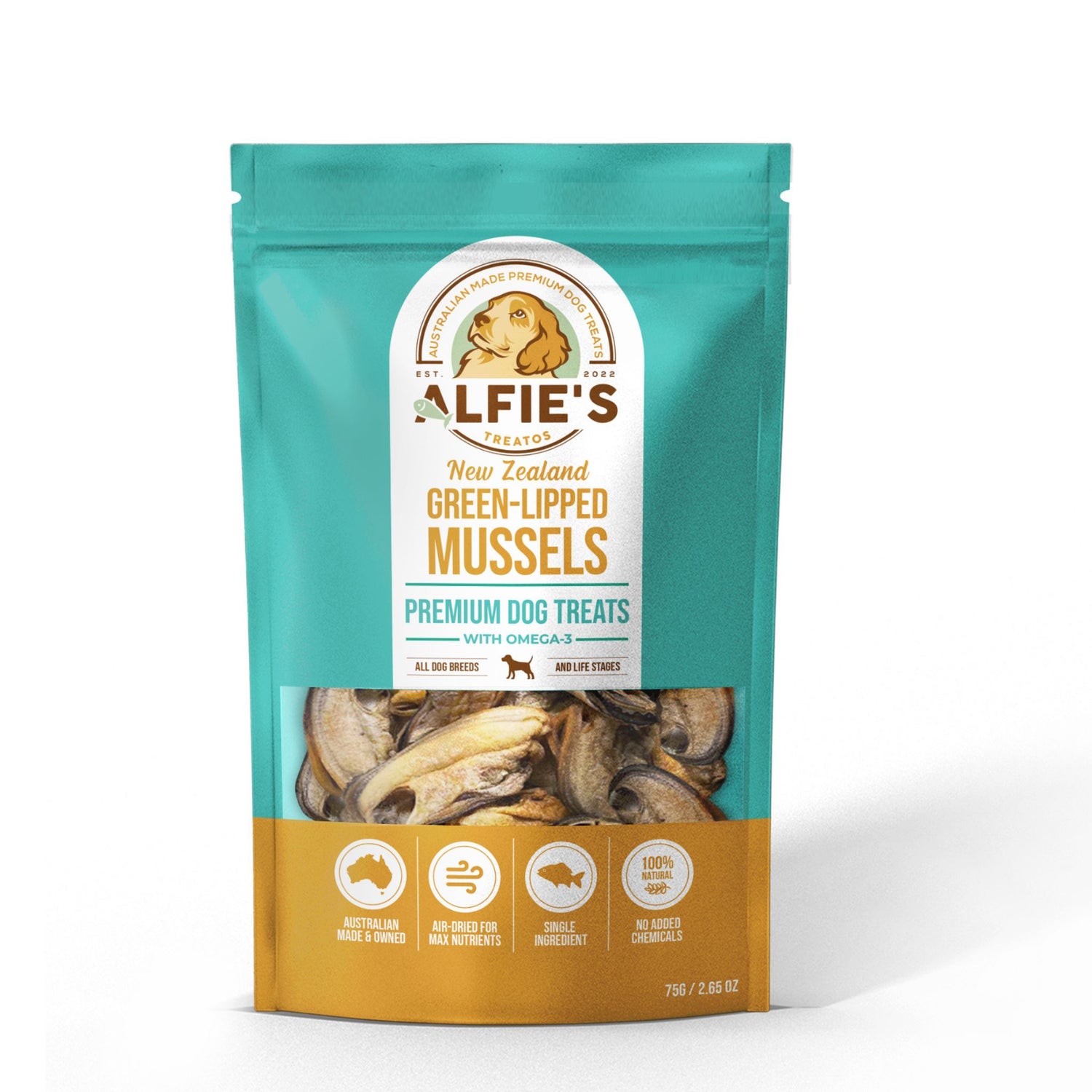 Alfie's Treatos green lipped mussel front of bag