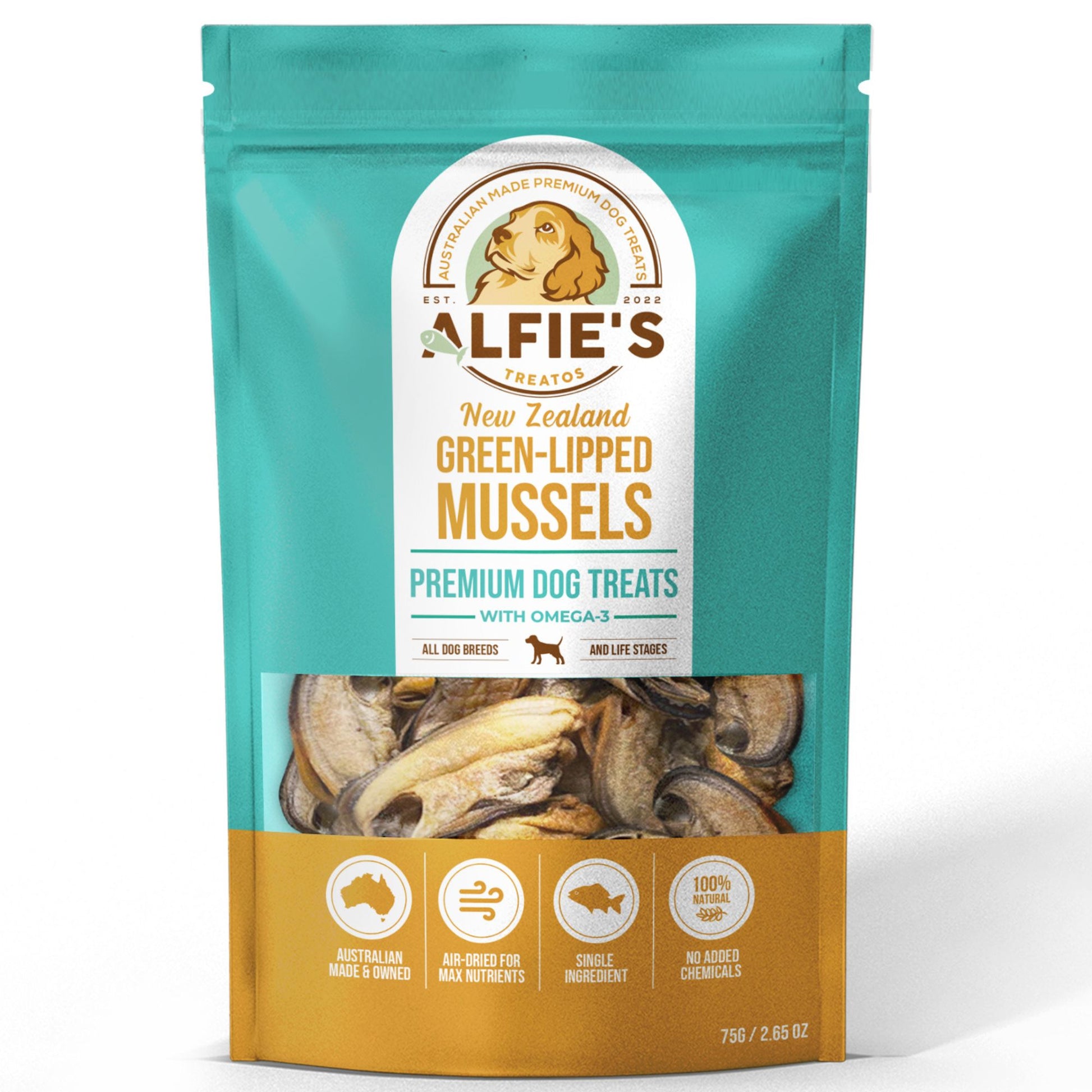 alfies treatos green lipped mussel dog treats front